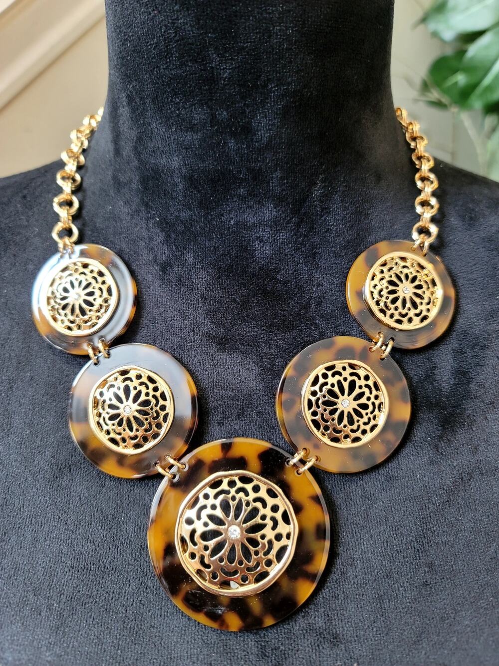 C 1946 Logo Gold Tone Black Enamel Medallion Statement Necklace Boho Jewelry